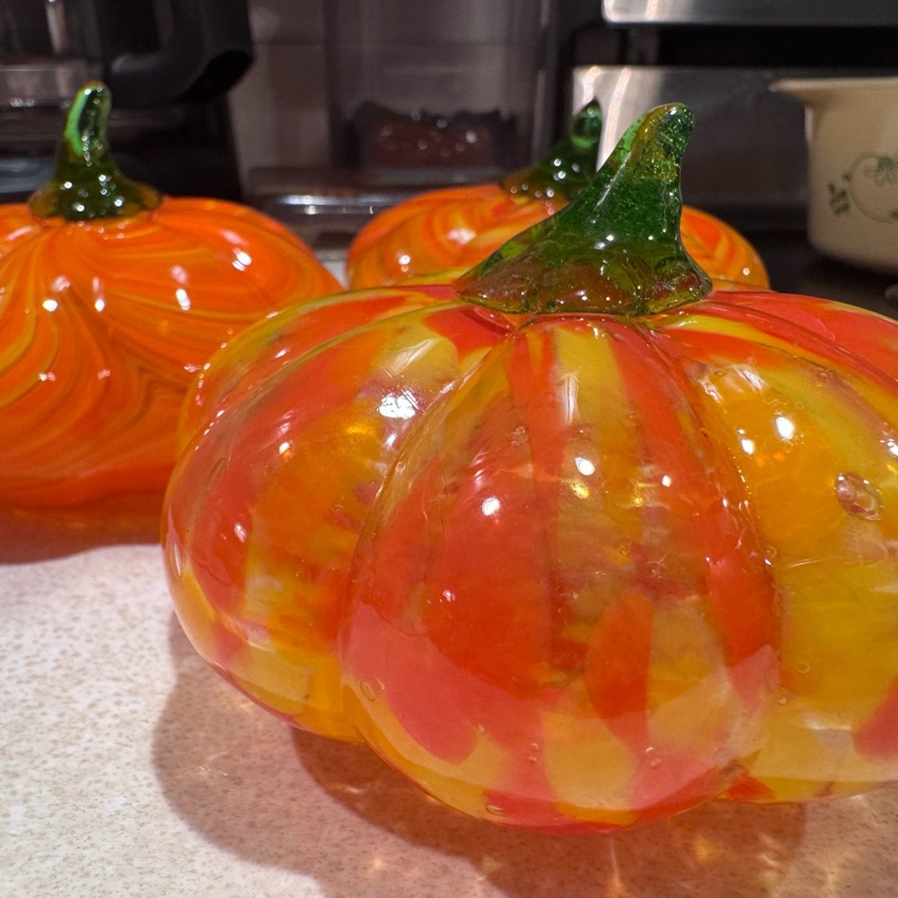 3 Handblown Glass Pumpkins - Orange and Green